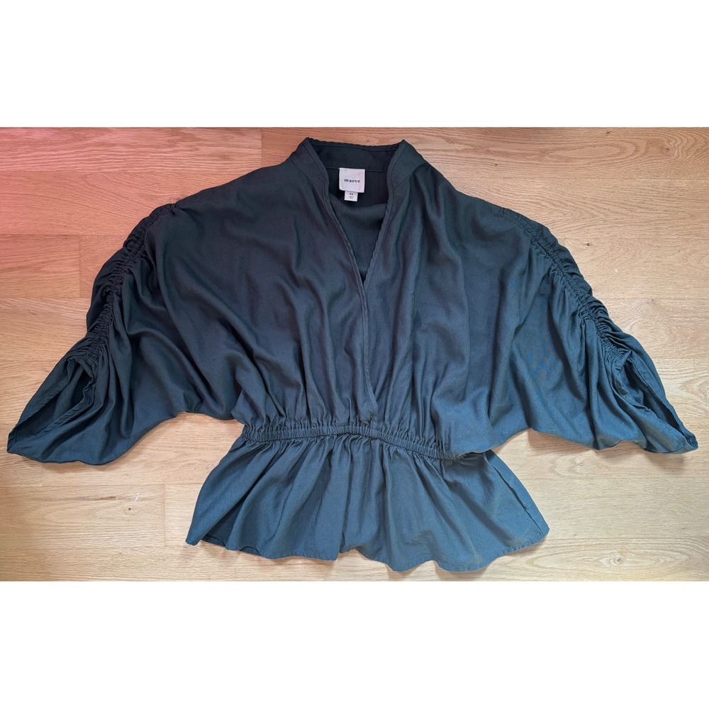 Maeve Anthropologie Dark Green Linen Blend Ruched Sleeve Peplum Blouse XS Earthy - Picture 3 of 8
